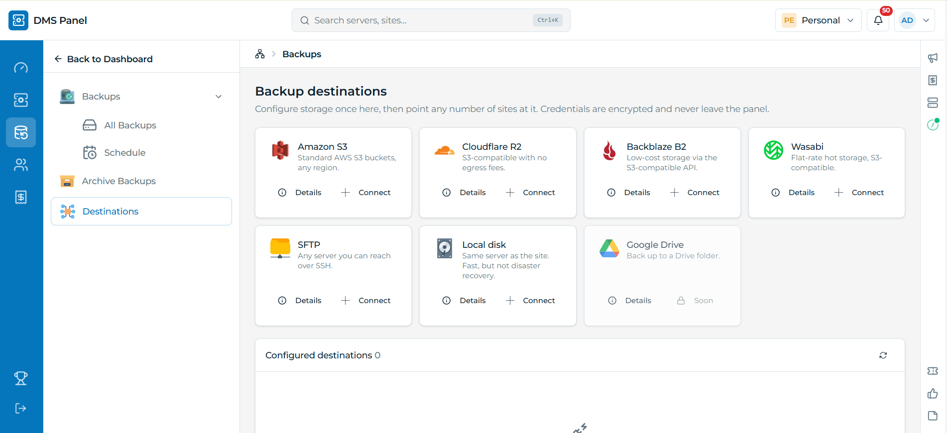DMS Panel backup destinations